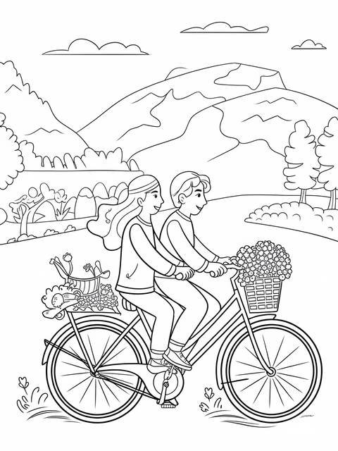 A coloring page depicts a bicycle built for two with a couple riding