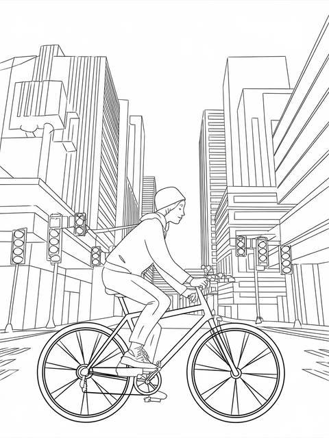 Line drawing of a person biking through a city, bike a cityscape