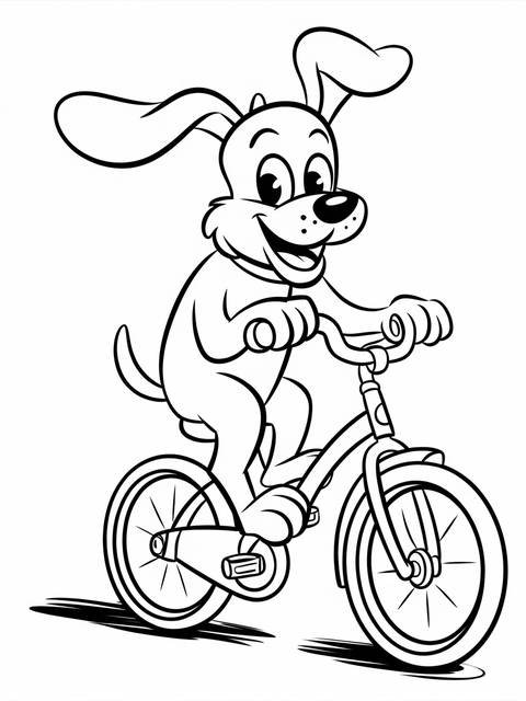 A friendly cartoon dog happily riding a bike, a cover illustration