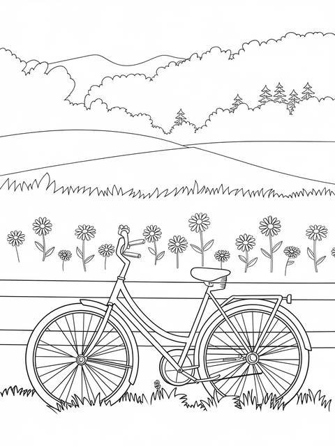 Line drawing of a bicycle in a peaceful countryside scene with flowers