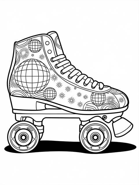 Black and white coloring page of a retro roller skate with decorative patterns