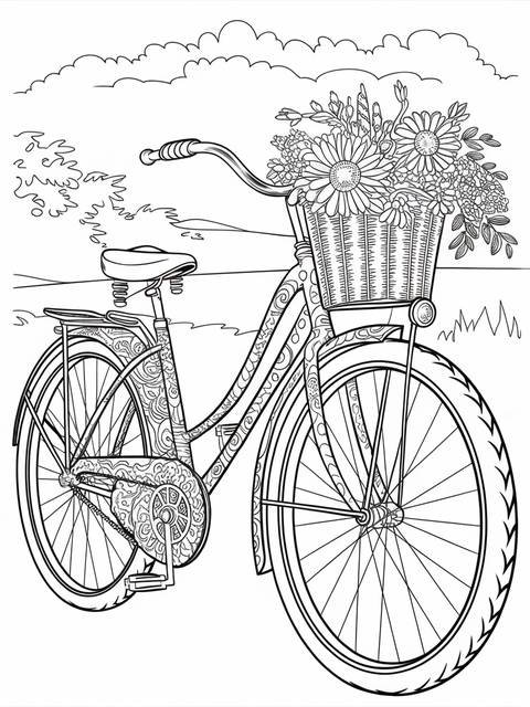 Vintage bicycle with intricate details, a basket of flowers, ready for coloring