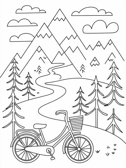 Whimsical mountain scene coloring page featuring a bicycle, path, and trees
