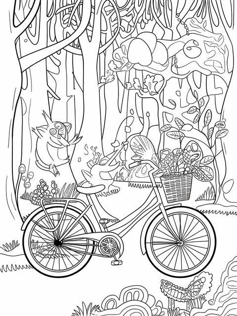 Bike in an enchanted forest coloring page with magical creatures and a basket