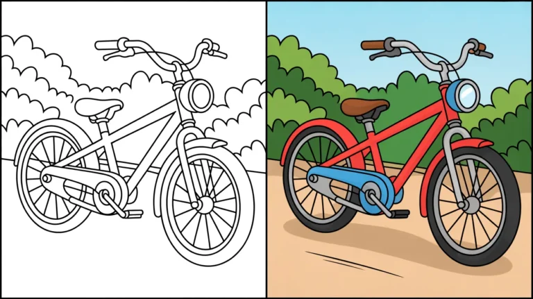 Bike coloring page: a two-panel image showing a bicycle, colored and uncolored