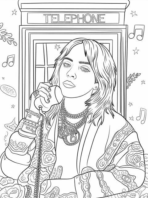 Billie eilish coloring page, depicted at a vintage telephone booth, holding a phone