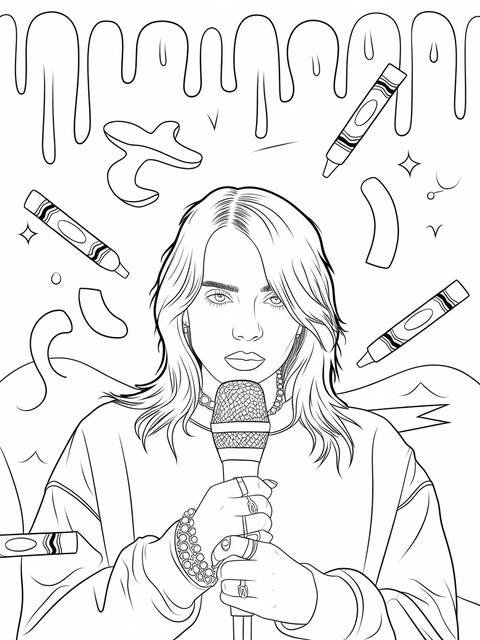 Coloring page of billie eilish holding a microphone, surrounded by crayons and shapes