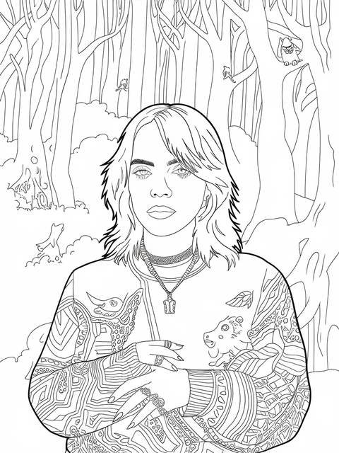 Line art coloring page of billie eilish, in a shadowy forest setting