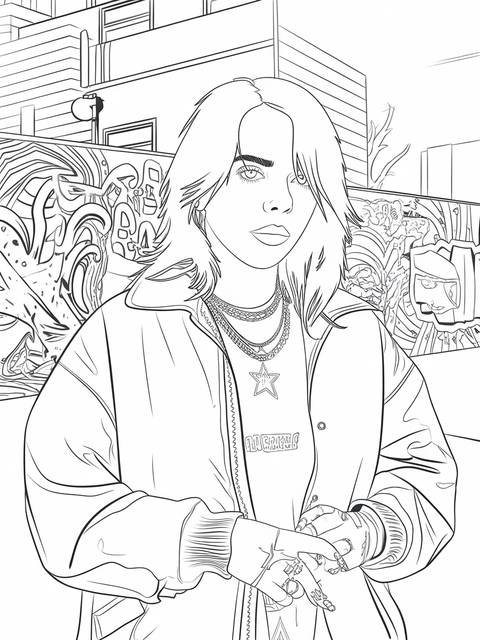 Line art coloring page of billie eilish in an urban setting, wearing jewelry