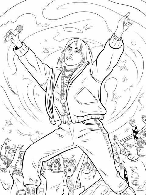 Line art of billie eilish performing on stage, surrounded by an excited crowd