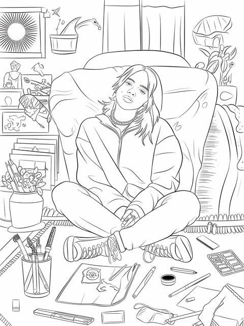 Line art of billie eilish relaxing, as seen on a cover illustration