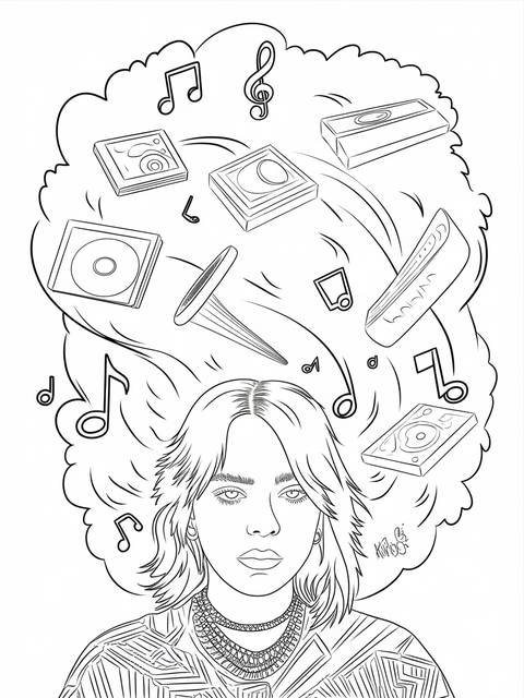 Line art of billie eilish with music notes and album art in a cloud