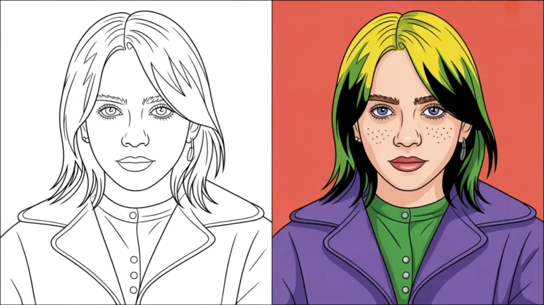 Billie eilish coloring page: a two-panel portrait, one colored, one line art
