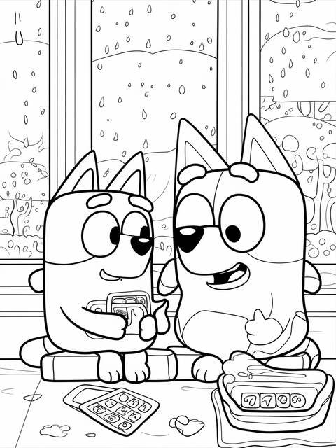 Black and white coloring page of bingo and bluey sharing something, from the show