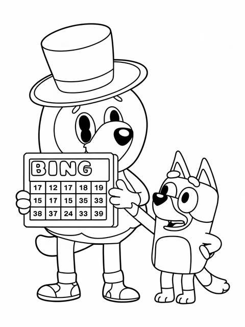 Bingo from bluey wearing a hat and holding a bingo card, with another character