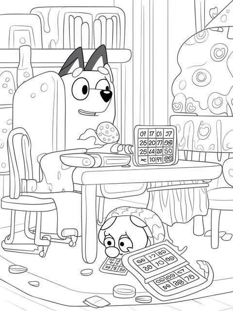Bingo and bluey playing bingo, with bingo hiding under the table