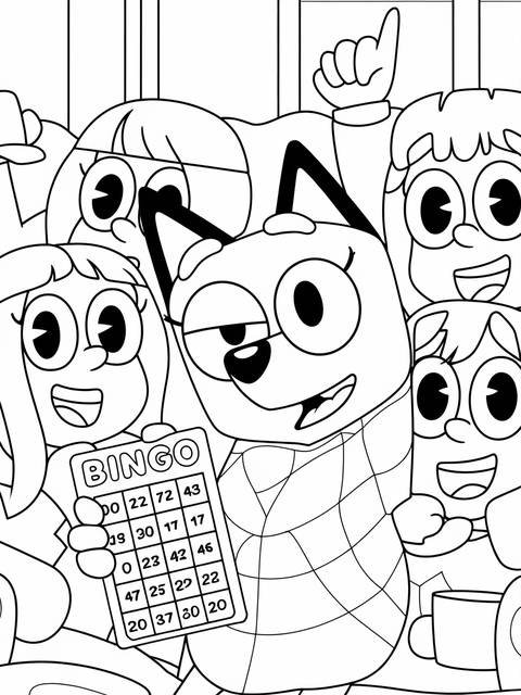 Bluey holding a bingo card with friends, ready to play the game