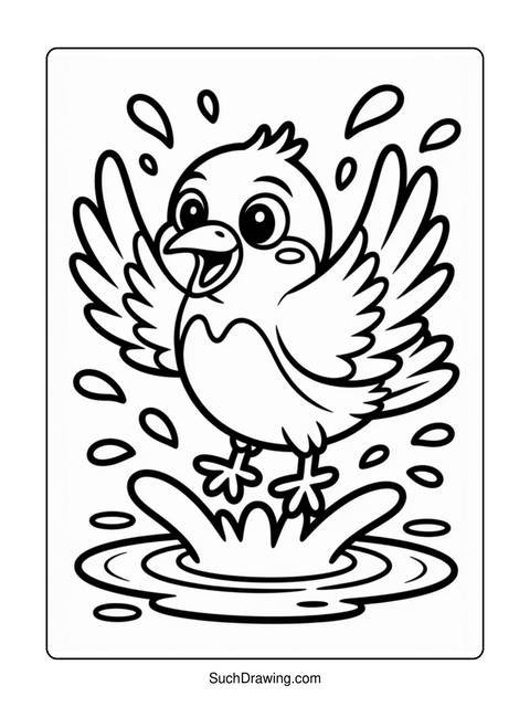 A cartoon bird splashing in water, surrounded by water droplets