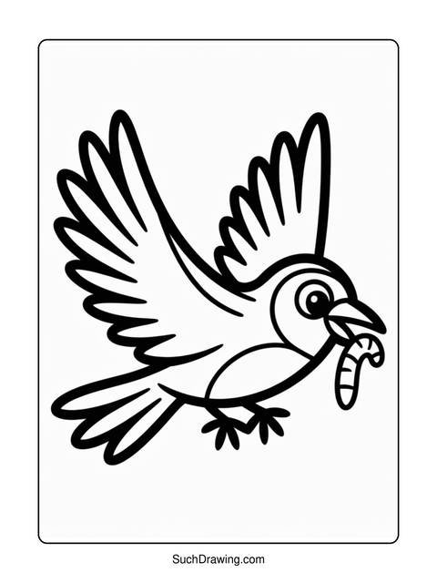 Line drawing of a bird in flight carrying a worm in its beak