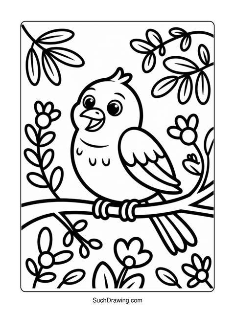 Black and white coloring page of a happy bird on a branch with flowers