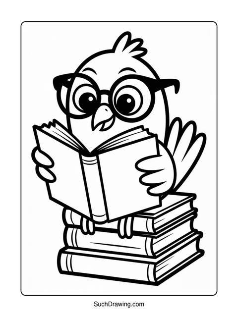 A bird wearing glasses reading a book while sitting on top of books