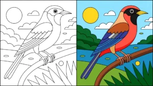 Bird coloring page: a bird perched on a branch, with a completed color version