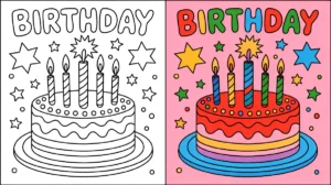 Birthday coloring page featuring a cake with candles and star decorations