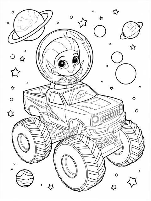 Blaze exploring space in a futuristic monster truck coloring page, planets and stars
