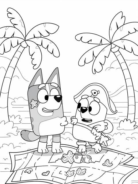 Bluey and bingo, dressed as pirates, on a treasure map near palm trees