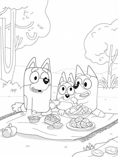 Bluey and her family enjoying a picnic, a coloring page depiction of the characters