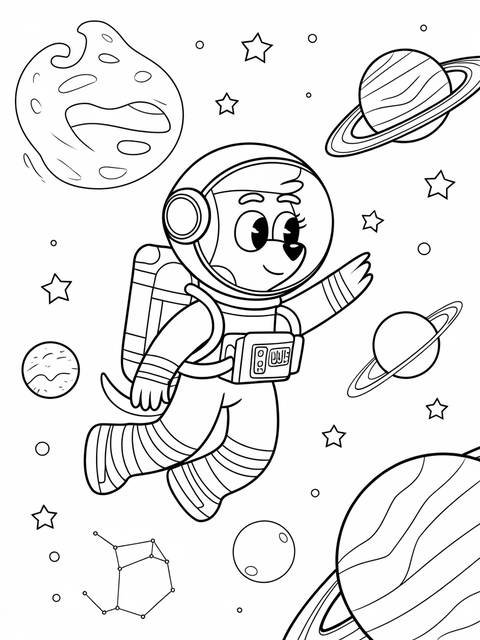 Bluey dressed as an astronaut exploring space, surrounded by planets and stars