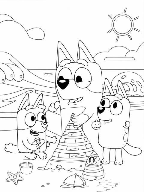 Bluey and friends having fun at the beach building a sandcastle