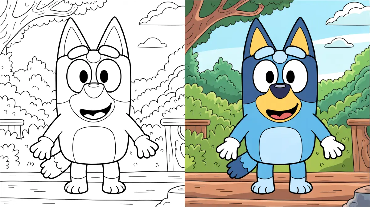 Bluey coloring page: a smiling bluey dog character in a park setting