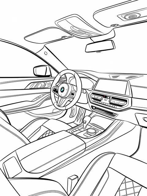 Detailed line drawing of a bmw interior, showcasing the dashboard and steering wheel
