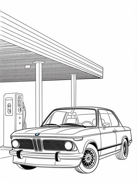 Line drawing of a classic bmw model parked under a gas station canopy