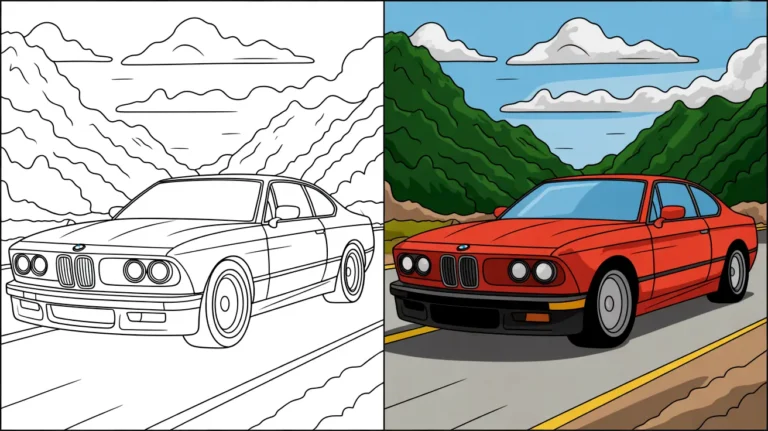 Bmw coloring pages: a two-panel image of a red car