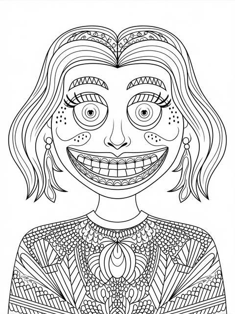 Coloring page of a face with exaggerated features and detailed body art
