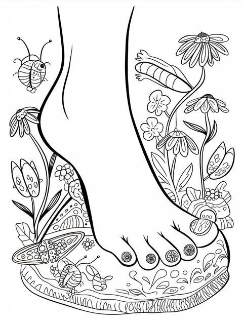 Coloring page of a foot with a whimsical shoe, surrounded by flowers and bugs