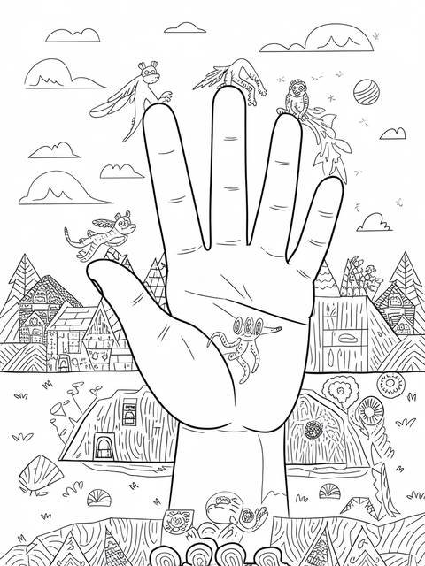 Line art of a giant hand with creatures, part of a body parts coloring page