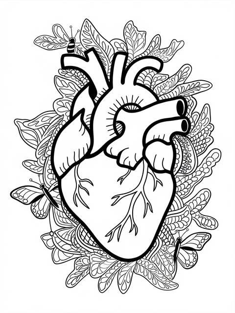 Line art of a human heart with decorative elements, including butterflies and leaves