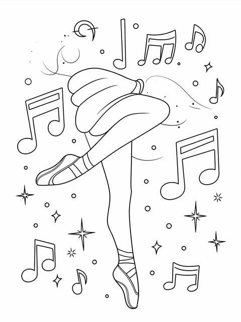 Coloring page of a leg in a dance pose, surrounded by musical notes