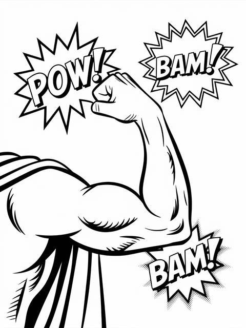 Superhero arm flexing, with 'pow!' and 'bam!' comic book sound effects