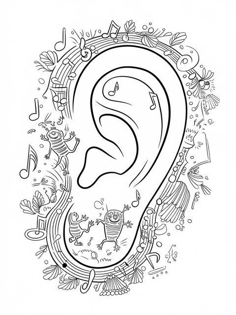 Whimsical coloring page of an ear adorned with musical notes and dancing creatures