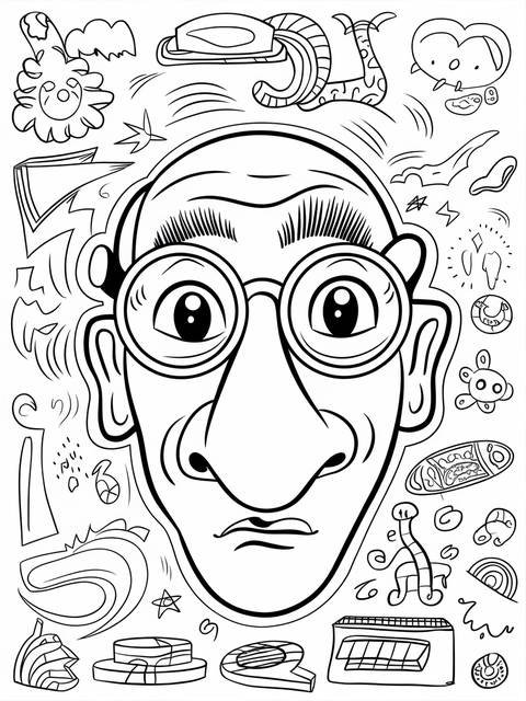 Coloring page featuring an exaggerated nose and face with eyeglasses and various doodles