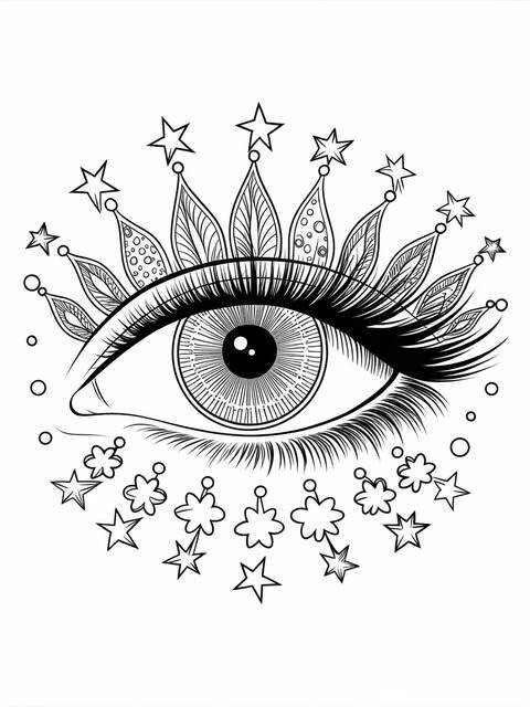 Detailed eye illustration with intricate patterns and star accents, a body part design