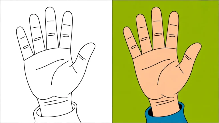 Body parts coloring page: a hand, outlined and colored, with visible details