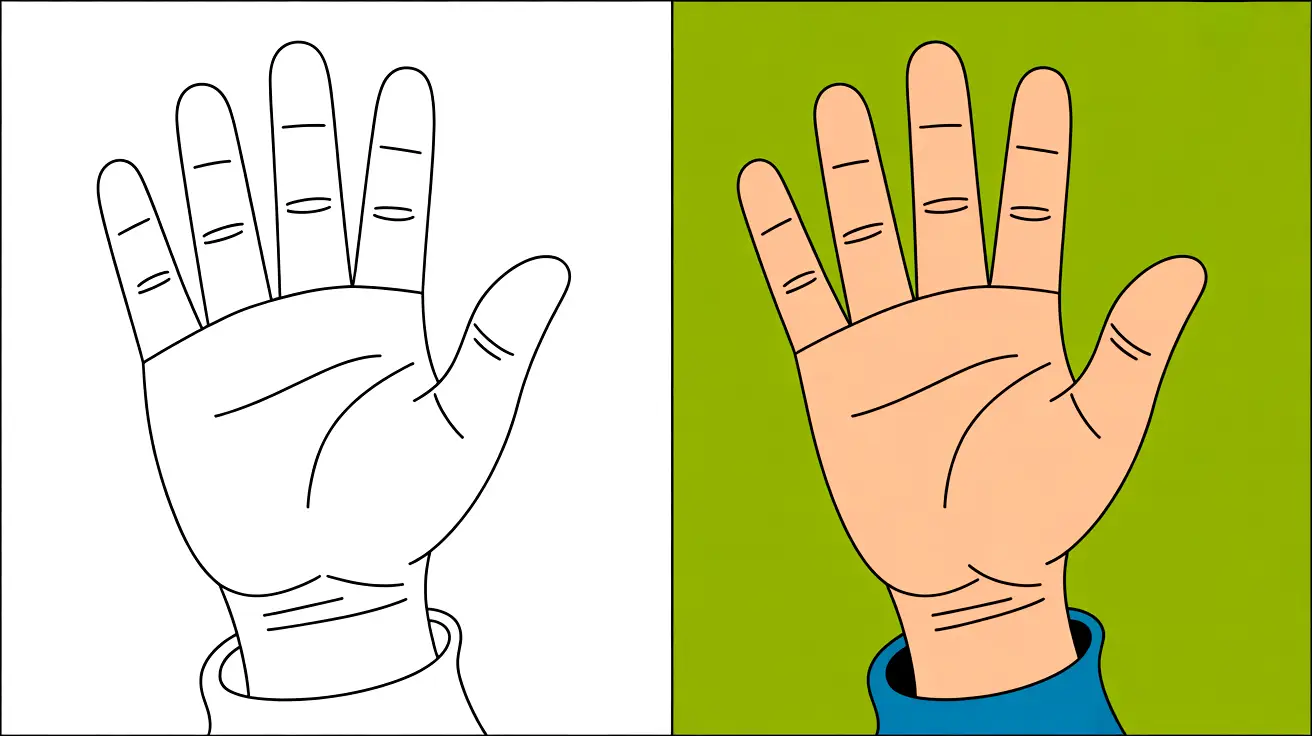 Body parts coloring page: a hand, outlined and colored, with visible details
