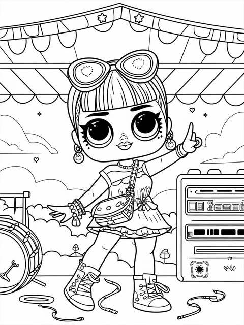 Line art of a bratz doll at a music festival, wearing sunglasses and a dress