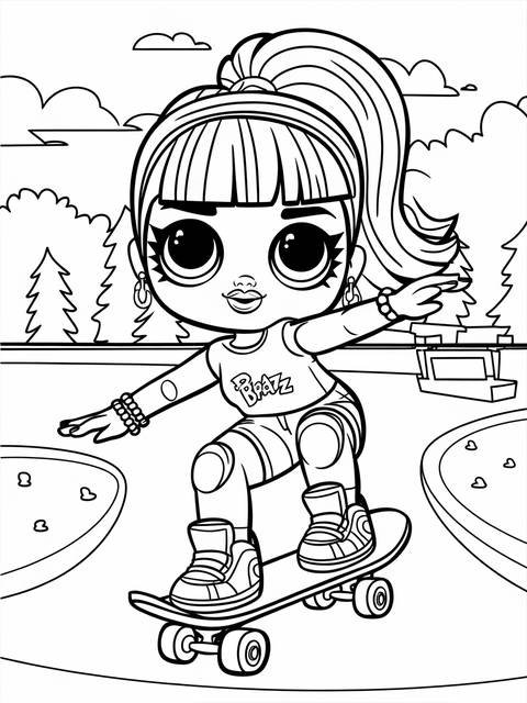 Coloring page featuring a bratz doll skateboarding with a fun, engaging pose