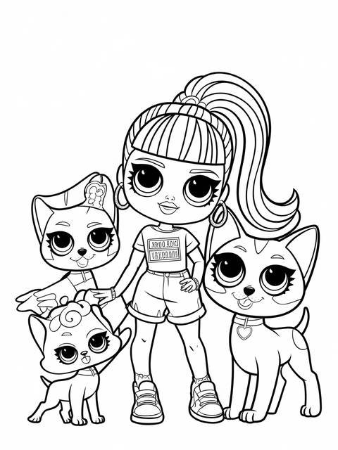 Bratz doll surrounded by pets, a coloring page featuring a girl and cats